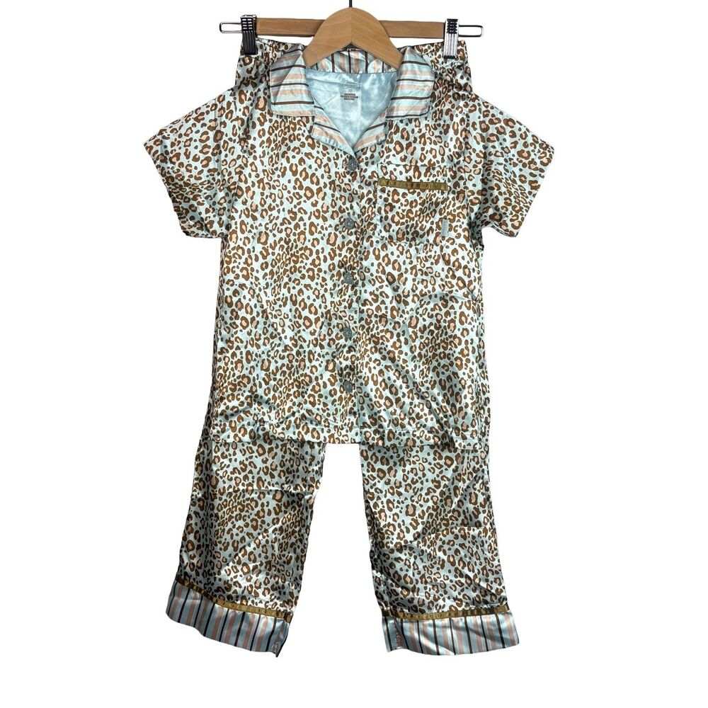 Vtg Y2K Candies Pajama Set Girls Medium Blue Satin Leopard Print Twee Sleepover